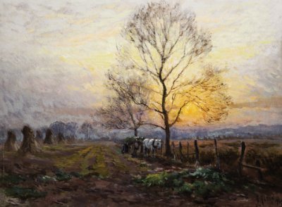 An impressionistic image of a landscape. In the foreground is a tree barren of leaves with a white horse and cart beneath it. A sunset shines through the branches. Upright hay bales are on the left.